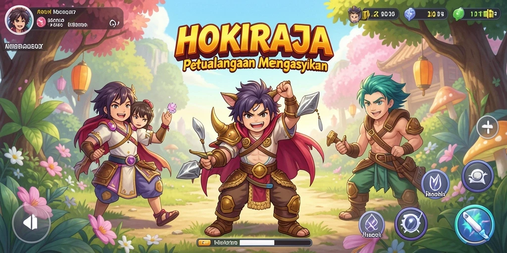 Screenshot utama HOKIRAJA menampilkan aksi bertarung karakter Anime.