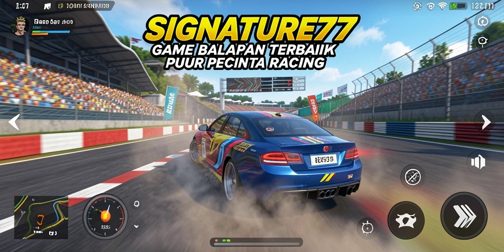 Screenshot gameplay SIGNATURE77 menampilkan balapan seru dengan berbagai mobil.